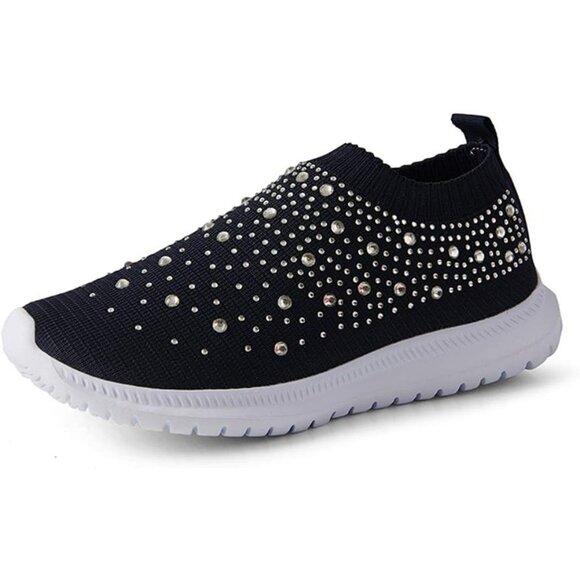 Women's Walking Shoes Rhinestone Glitter Slip On Ballroom Sneakers Dark Blue